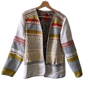 V Christina embellished fringed linen jacket